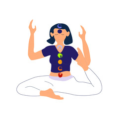 Yoga meditation and chakras young woman meditating in sitting asana position vector illustration.