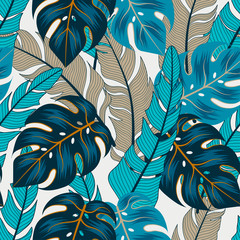 Trend seamless tropical pattern with bright blue plants and leaves on a white background.  Beautiful exotic plants.  Printing and textiles.  Vector design. Jungle print. Floral background. 