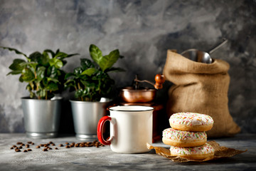 Fresh hot coffee of free space for your decoration and morning sun light. 