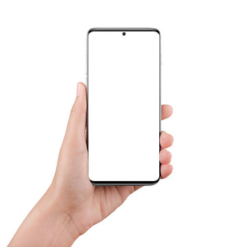 Isolated female hand holding a cellphone with clipping path.