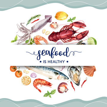 Seafood wreath design with fish, shrimp, oyster illustration watercolor.