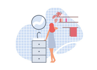 Woman in bathroom in morning. Flat vector illustration - obrazy, fototapety, plakaty