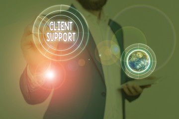 Handwriting text Client Support. Conceptual photo focus on helping customers to use products and services Elements of this image furnished by NASA