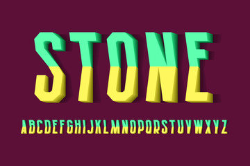 Volumetric stone alphabet of yellow green letters of two parts. 3d display font. Isolated english alphabet.