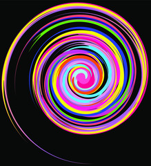 Abstract drawing of stains of multicolor paints are spilling spirally on black background vector