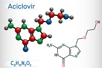 Aciclovir, acyclovir, ACV, antiviral agent, C8H11N5O3 molecule. It is used to treat herpes simplex, Varicella zoster, herpes zoster. Structural chemical formula and molecule model.