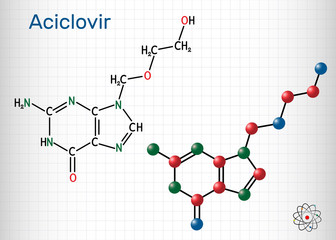 Aciclovir, acyclovir, ACV, antiviral agent, C8H11N5O3 molecule. It is used to treat herpes simplex, Varicella zoster, herpes zoster. Sheet of paper in a cage. 