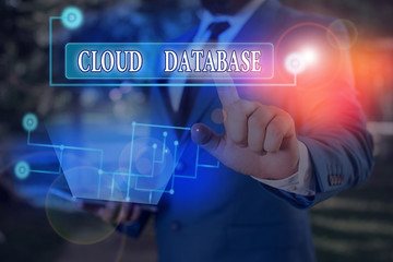 Word writing text Cloud Database. Business photo showcasing optimized or built for a virtualized computing environment