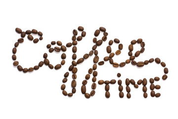 Top view of word coffee time made from coffee beans isolated on white background.