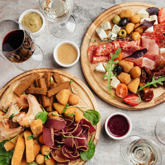 various snacks for wine cheese, salami, prosciutto