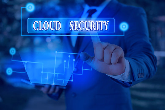 Word writing text Cloud Security. Business photo showcasing protection of data stored online from theft and deletion
