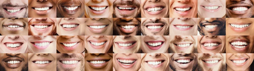 Foto op Plexiglas Tandarts Panoramische collage van multi-etnische mensen met een witte glimlach