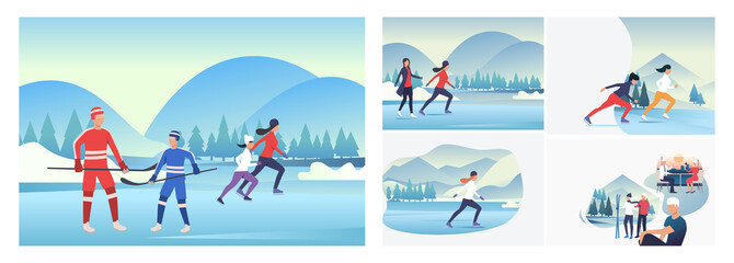 Set of ice skaters. Flat vector illustrations of women skating on ice outdoors. Active lifestyle, activity, winter concept for banner, website design or landing web page © SurfupVector