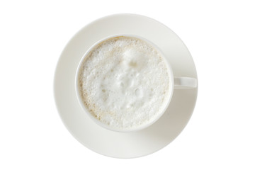 Top view of white coffee cup with saucer isolated on white.