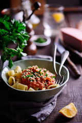 Pasta with mortadella tomato  sauce..style rustic