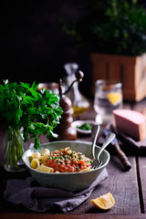 Pasta with mortadella tomato  sauce..style rustic