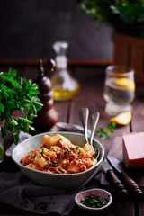 Pasta with mortadella tomato  sauce..style rustic