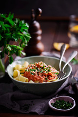Pasta with mortadella tomato  sauce..style rustic