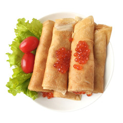 Top view of Pancakes with caviar in plate isolated on white background.