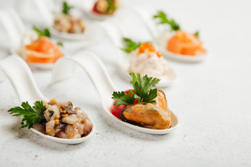 portioned snacks canapes and sandwiches with meat, cheese and vegetables