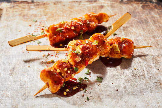 Spicy marinated chicken kebabs with herbs