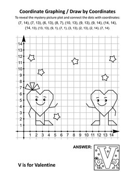 Coordinate graphing, or draw by coordinates, math worksheet with St Valentine's Day mystery picture "V is for Valentine": To reveal the mystery picture plot and connect the dots with given coordinates