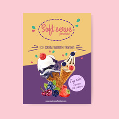 Ice cream poster design with mix berries watercolor illustration.