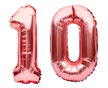 Number 10 ten made of rose golden inflatable balloons isolated on white. Helium balloons, pink foil numbers. Party decoration, anniversary sign for holidays, celebration, birthday, carnival