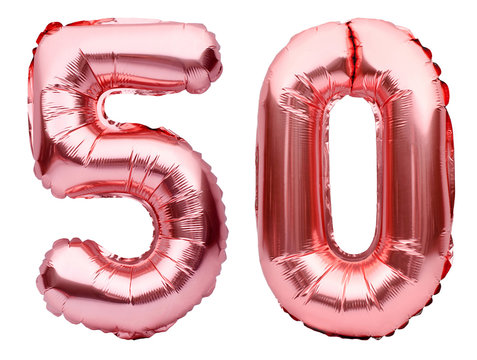 Number 50 fifty made of rose golden inflatable balloons isolated on white. Helium balloons, pink foil numbers. Party decoration, anniversary sign for holidays, celebration, birthday, carnival