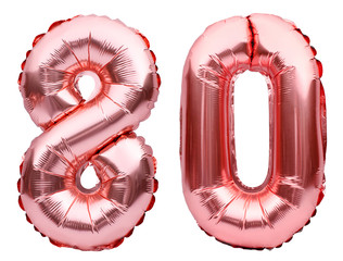 Number 80 eighty made of rose golden inflatable balloons isolated on white. Helium balloons, pink foil numbers. Party decoration, anniversary sign for holidays, celebration, birthday, carnival