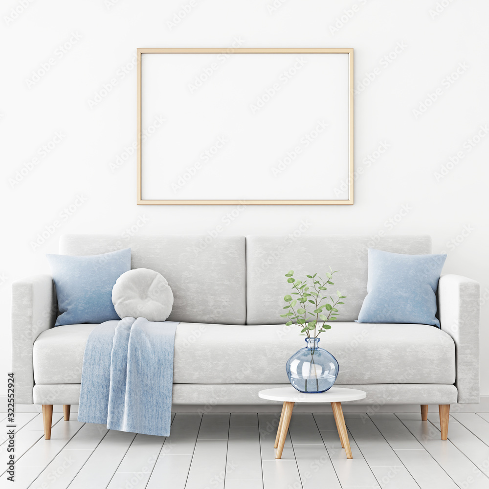 Poster poster mockup with horizontal frame hanging on the wall in living room interior with sofa, blue plai