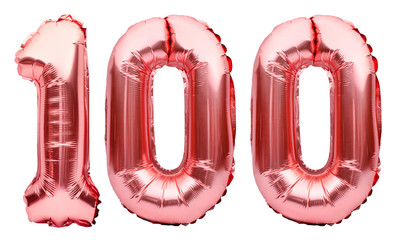 Number 100 one hundred made of rose golden inflatable balloons isolated on white. Helium balloons,...