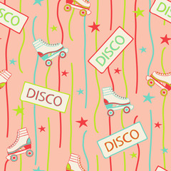 Seamless vector pattern with roller skates on pink background. Retro disco party repeat wallpaper design with stars. 