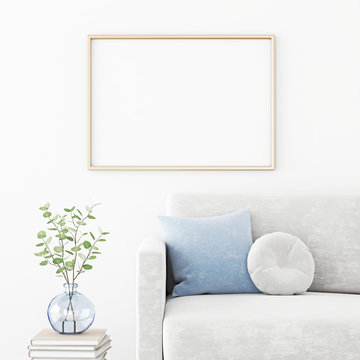 Poster mockup with horizontal frame hanging on the wall in living room interior with sofa, blue pillow and green branches in vase. 3D rendering, illustration.