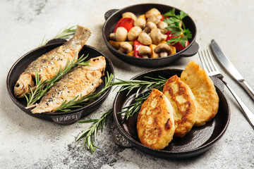 different dishes of the lean menu with cream soup and salad vinaigrette