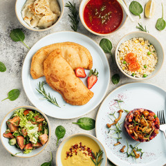 different dishes of the lean menu with cream soup and salad vinaigrette