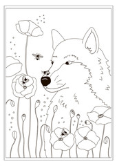 Coloring page for children and adults. Cute cartoon wolf, poppies flowers and bees. Black and white vector illustration. Outline.