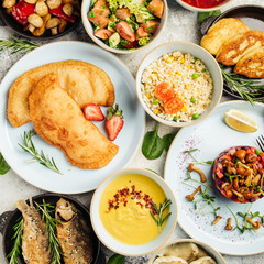 different dishes of the lean menu with cream soup and salad vinaigrette