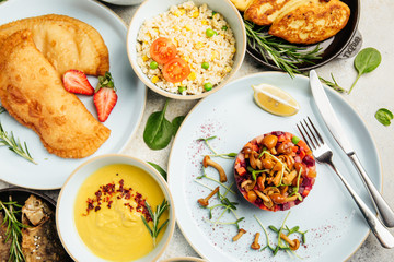 different dishes of the lean menu with cream soup and salad vinaigrette
