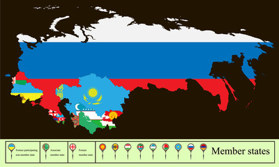 map of the Commonwealth of Independent State (CIS) with the Russian Crimea. Set creative markers with flags of states members of the CIS.