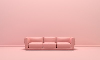 Single isolated  couch, seat, sofabed in flat monochrome pink color background, single color composition, 3d Rendering