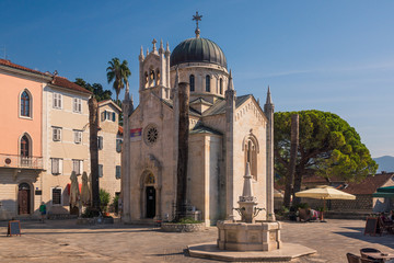 Fototapeta na wymiar Saint Michael Archangel Church on the Belavista Square in Herceg Novi, Montenegro.