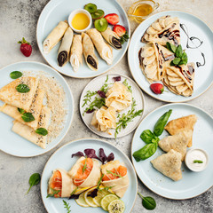 many types of pancakes with fillings in the restaurant menu