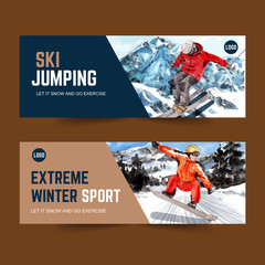 Winter sport banner design with jump, skate, mountain watercolor illustration.