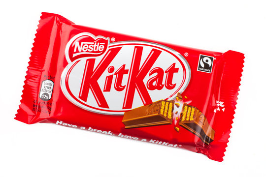 LVIV, UKRAINE - April 08, 2021: Kitkat mini chocolate bar in a wrapper on a  white background Stock Photo