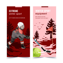 Winter sport flyer design with ball, person watercolor illustration.