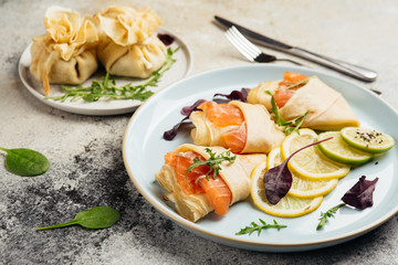many types of pancakes with fillings in the restaurant menu