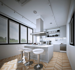 Kitchen studio design ,interior of modern style, 3d Rendering, 3d illustration