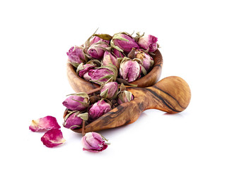 Rose bud tea isolated. Dried Rose Flower Herbal Tea