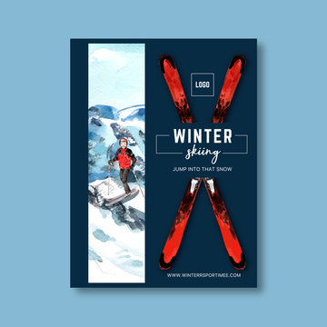 Winter sport poster design with snowboard, iceberg, ski watercolor illustration.